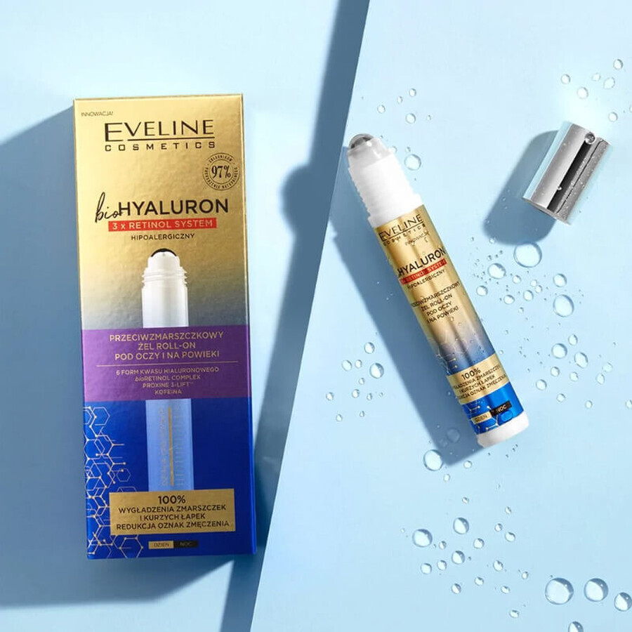 Eveline Cosmetics Bio Hyaluron 3 x Retinol, gel roll-on antiarrugas para ojos y párpados, 15 ml