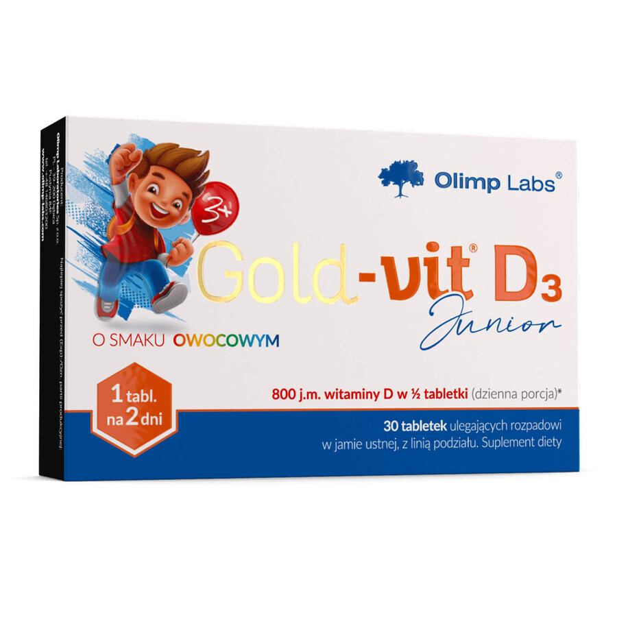 Olimp Gold-Vit D3 Junior, vitamina D 800 UI, aromă de fructe, 30 comprimate