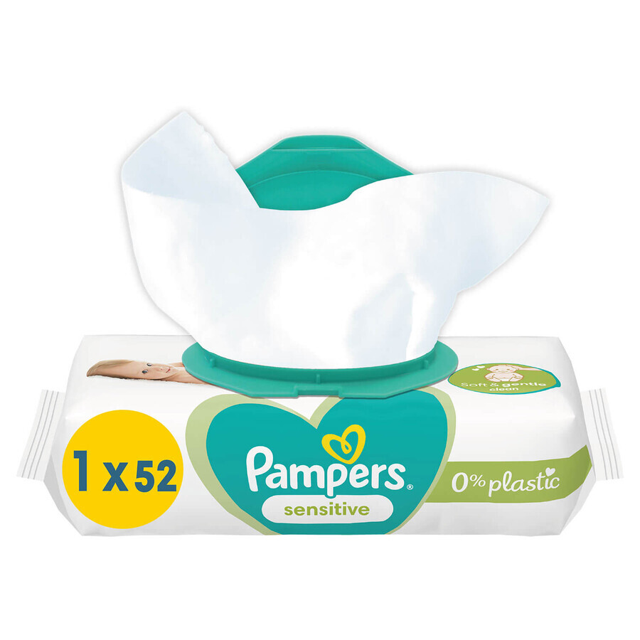 Pampers Sensitive, șervețele umede, piele delicată pentru bebeluși și copii, 52 bucăți