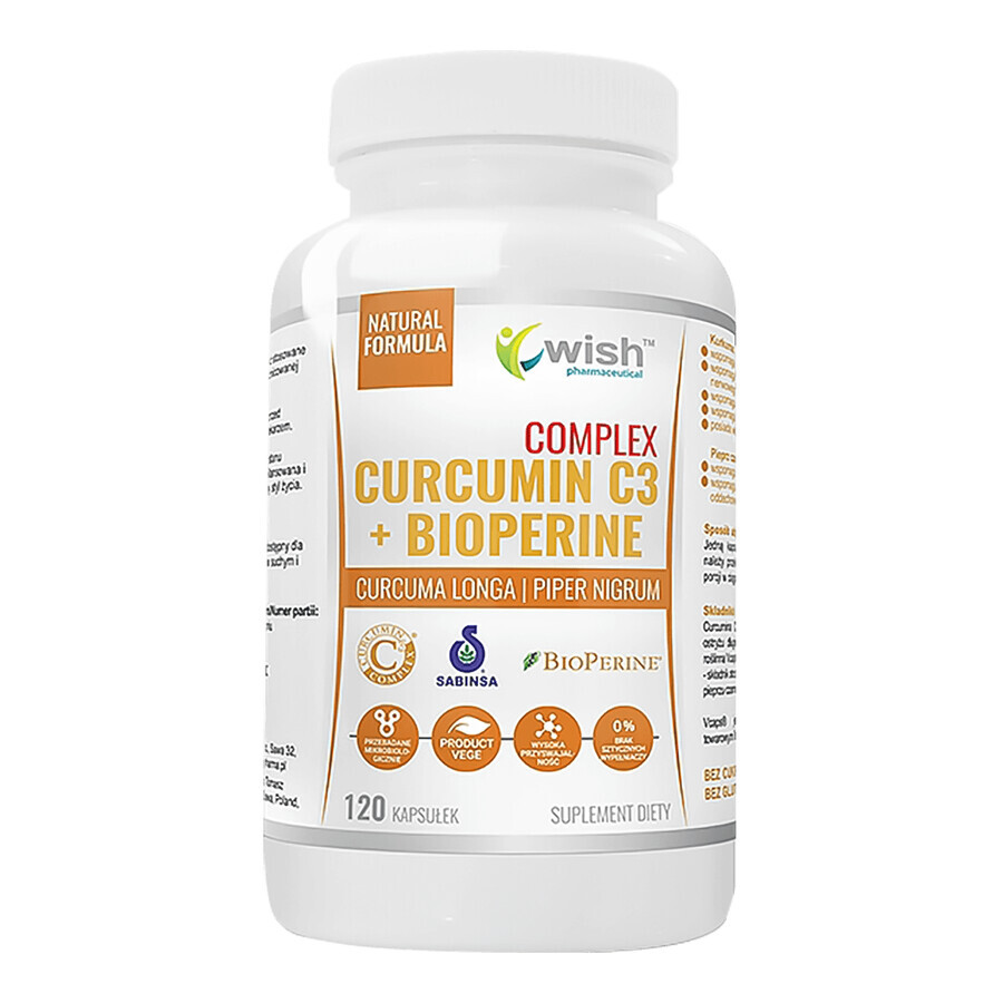 Wish Curcumin C3 + Bioperine Complex, curcumina y piperina, 120 cápsulas