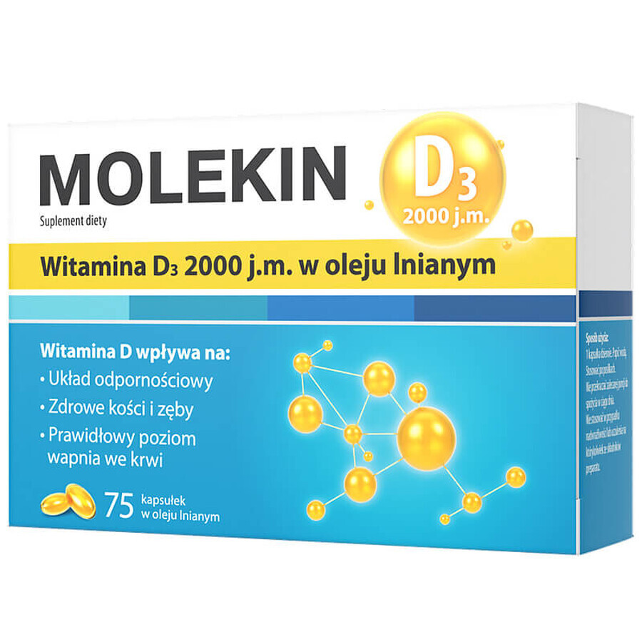 Molekin D3, vitamina D3 2000 UI en aceite de linaza, 75 cápsulas