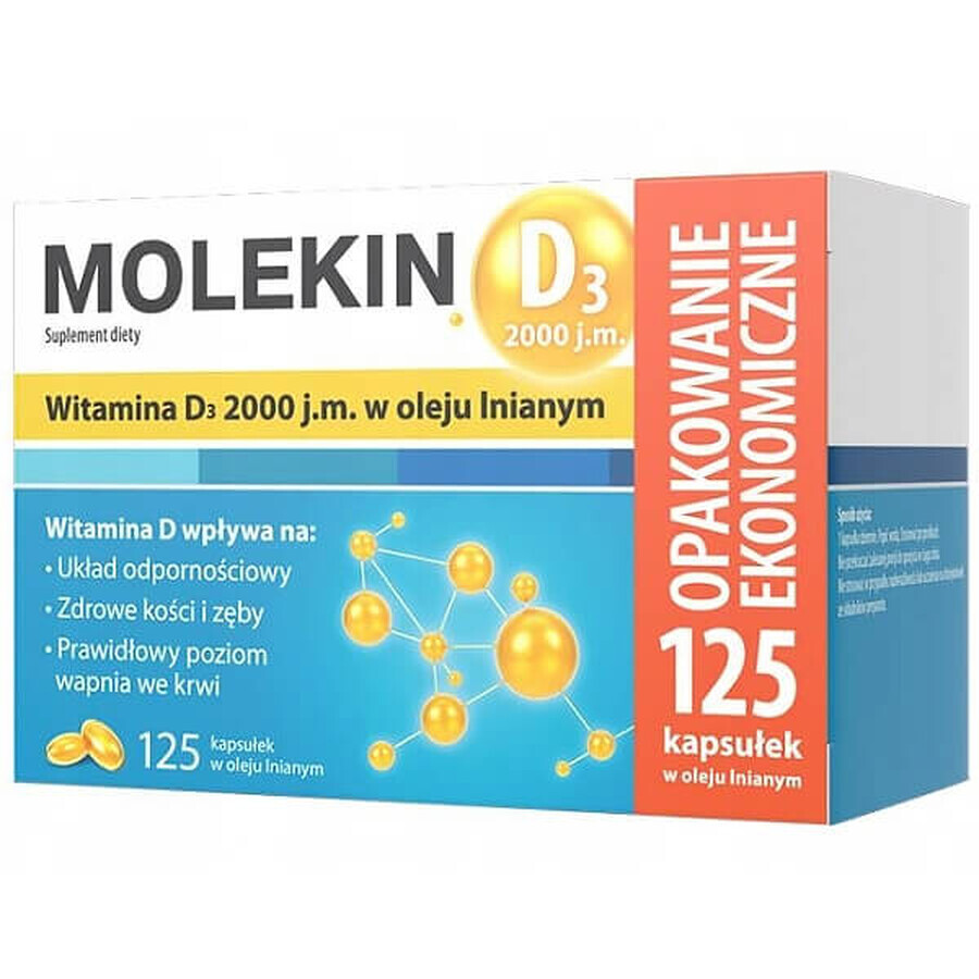 Molekin D3, vitamina D3 2000 UI en aceite de linaza, 125 cápsulas