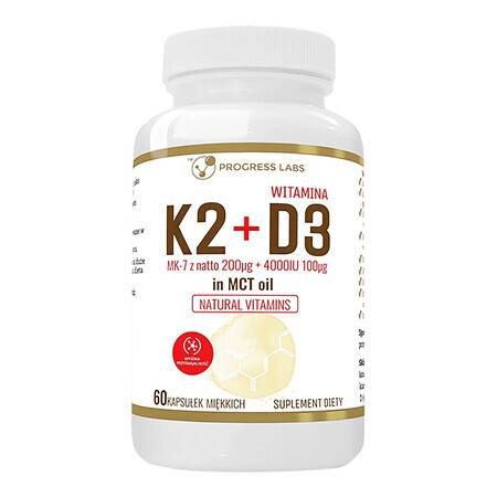 Progress Labs Vitamine K2 MK-7 de natto 200 μg + D3 4000 UI 100 μg dans l'huile MCT, 60 capsules molles