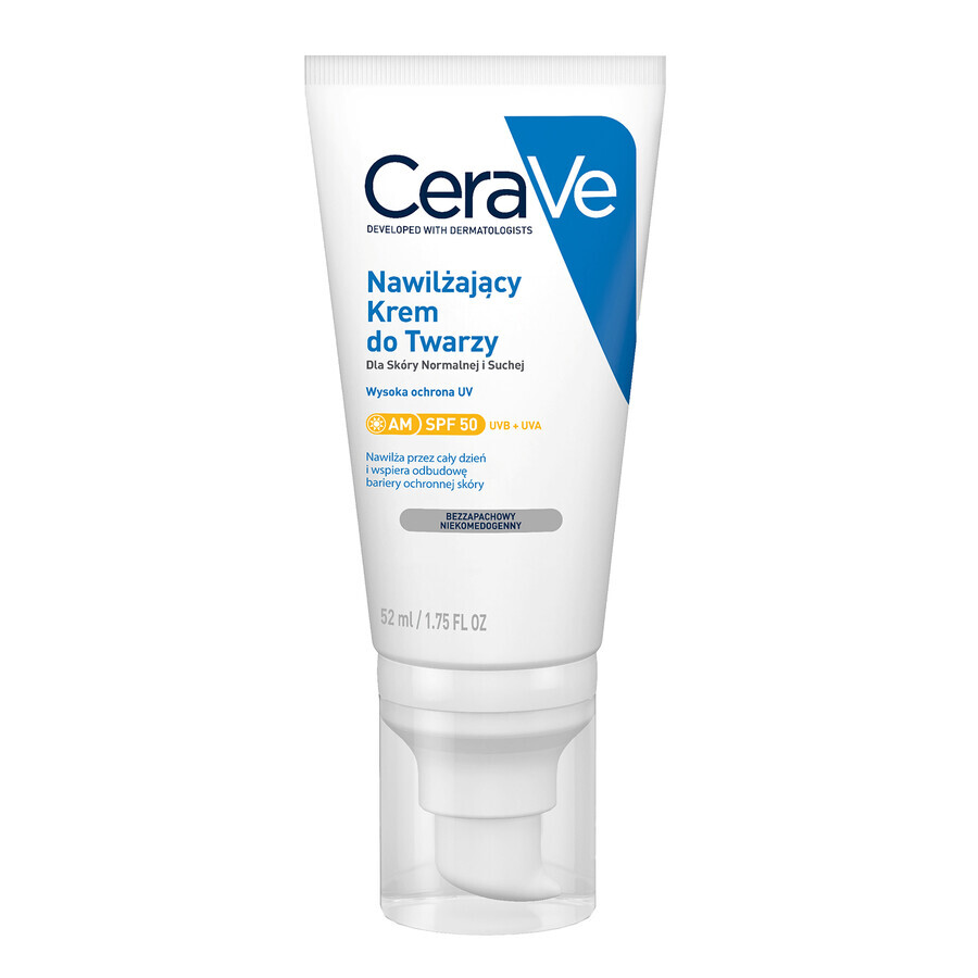 CeraVe, cremă de față hidratantă cu ceramide, piele normală și uscată, SPF 50, 52 ml