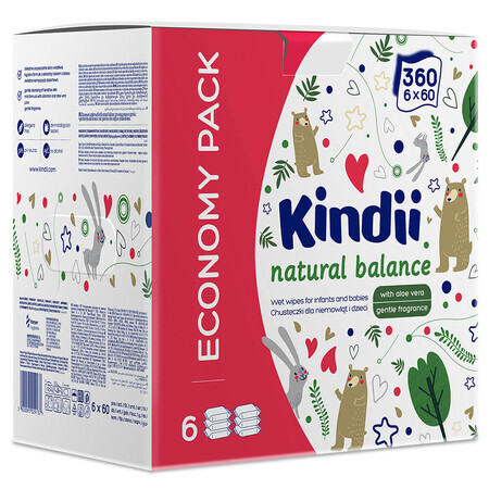 Kindii Natural Balance, salviette umidificate per neonati e bambini, 6 x 60 pz.