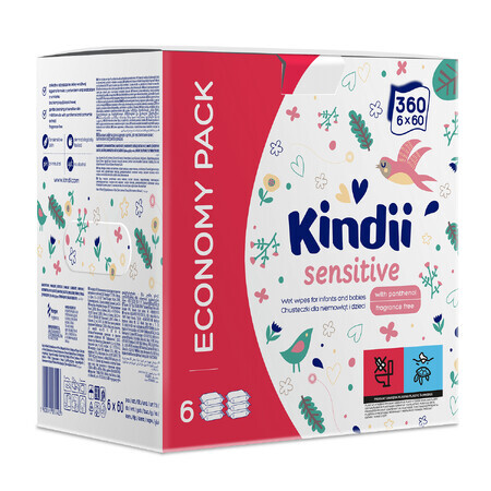 Kindii Sensitive, lingettes humides pour bébés et enfants, 6 x 60 pcs