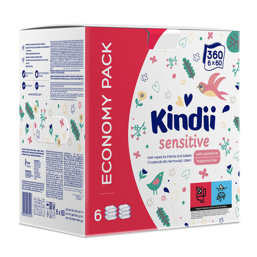 Kindii Sensitive, lingettes humides pour bébés et enfants, 6 x 60 pcs