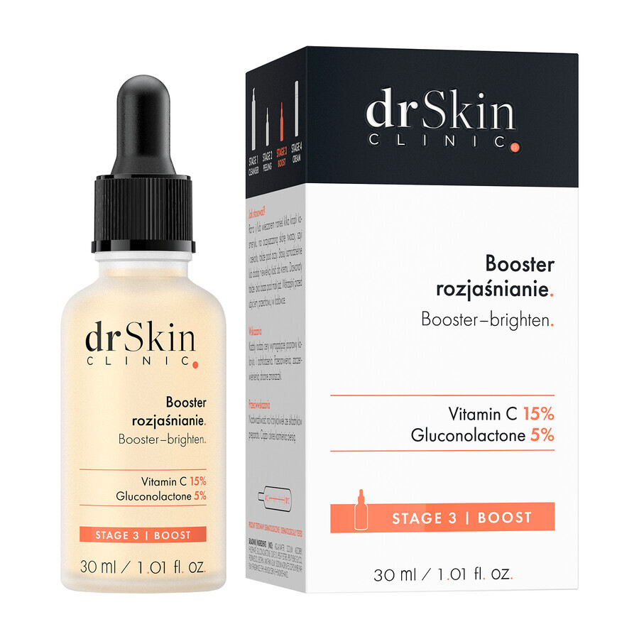 DrSkin Clinic, booster visage, Eclaircissant, vitamine C 15%, gluconolactone 5%, 30 ml