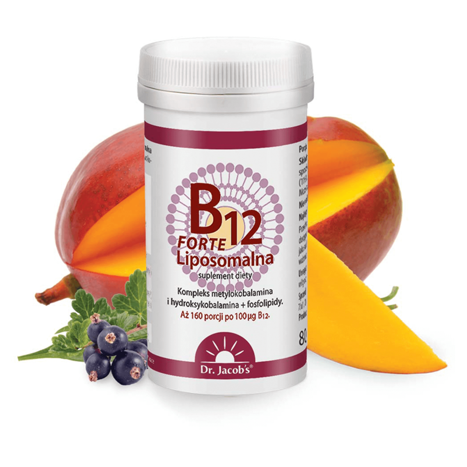 Dr. Jacob's B12 Liposomal Forte, pulbere sublinguală, aromă de coacăze-mango, 80 g