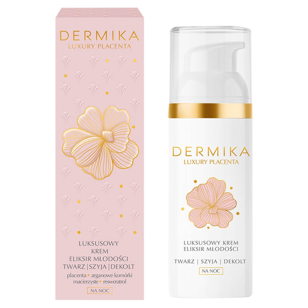 Dermika Luxury Placenta, cremă de lux-elixir al tinereții pentru față, gât și decolteu, noapte, 50 ml