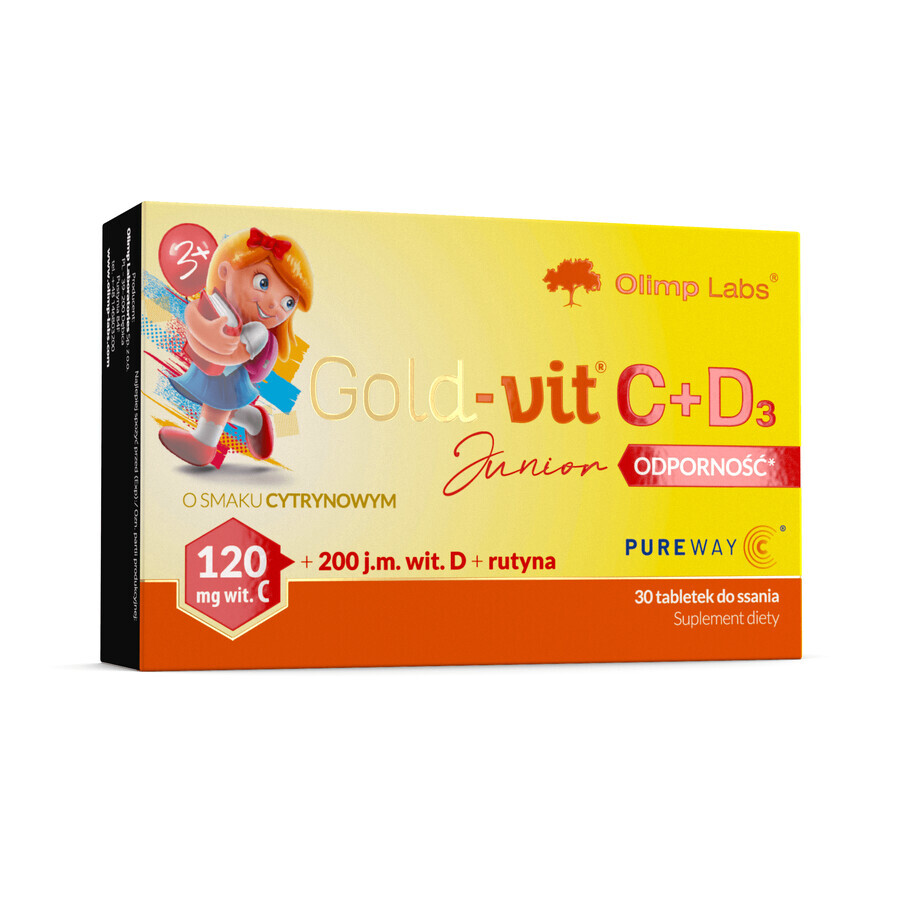 Olimp Gold-Vit C + D3 Junior Immunity, aromă de lămâie, 30 pastile