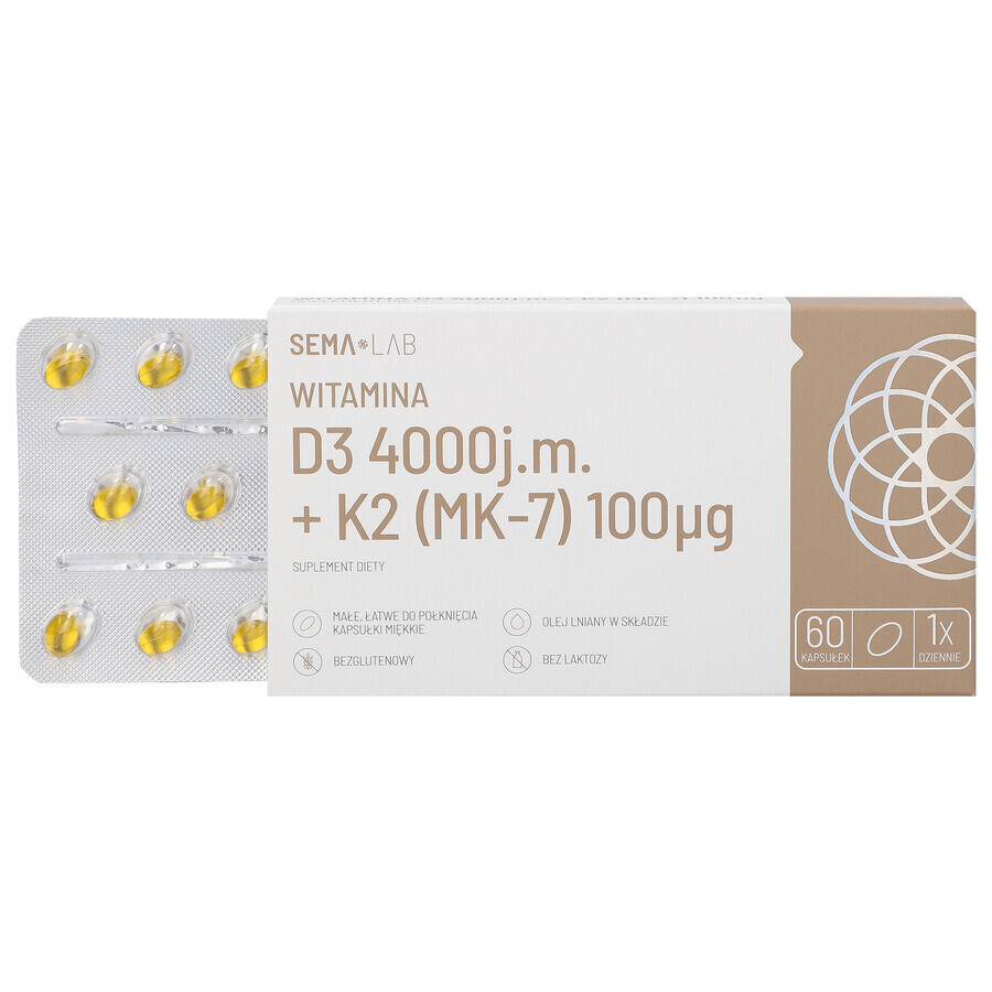 SEMA Lab Vitamin D3 4000 IU + K2 (MK-7) 100 µg, 60 Weichkapseln