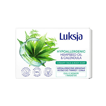 Luksja, pastilla de jabón cremoso hipoalergénico para rostro y cuerpo, aceite de cáñamo y caléndula, 100 g