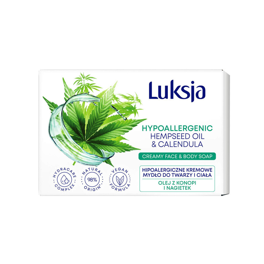 Luksja, pastilla de jabón cremoso hipoalergénico para rostro y cuerpo, aceite de cáñamo y caléndula, 100 g