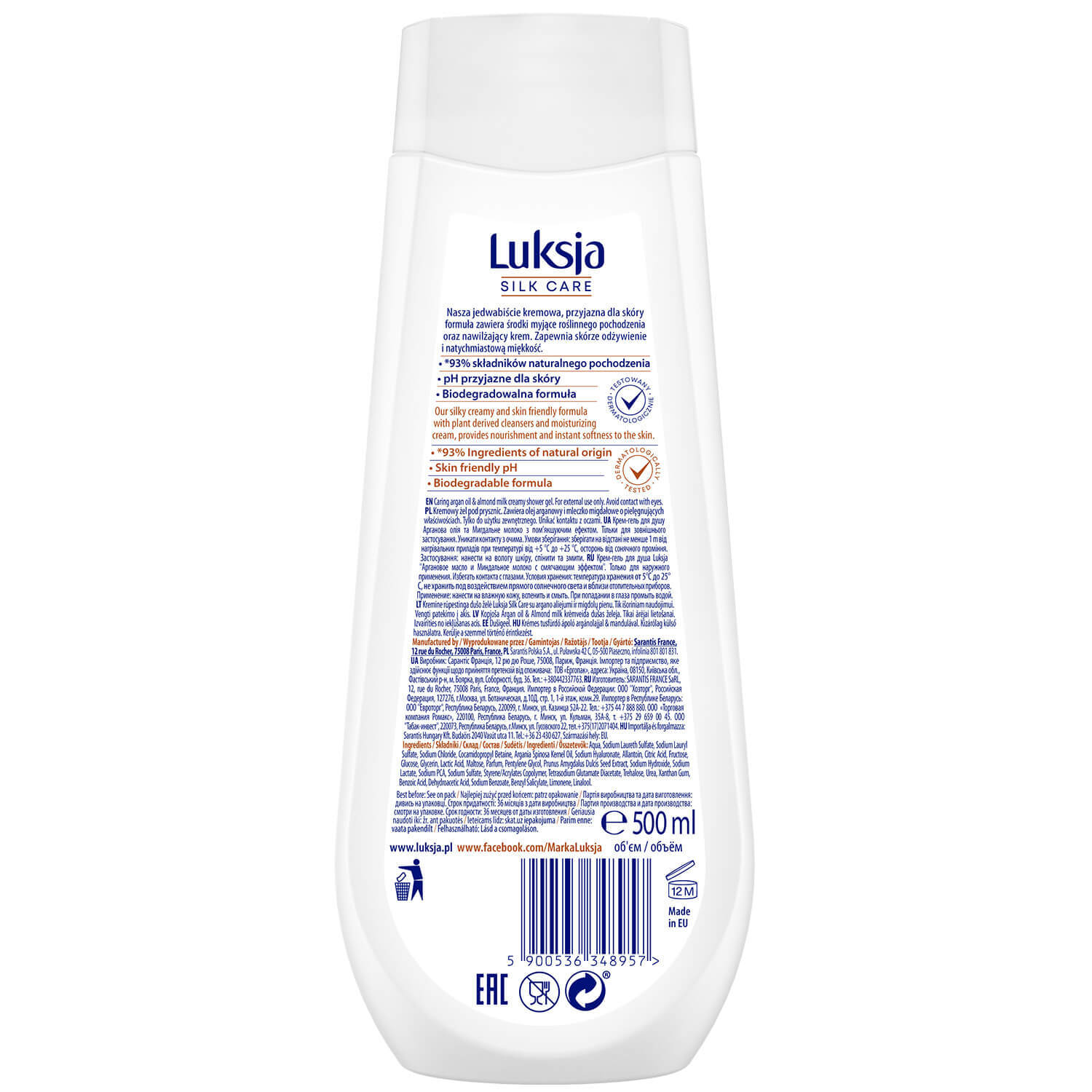 Luxja Silk Care, gel de duș cremos, îngrijire, ulei de argan și lapte de migdale, 500 ml