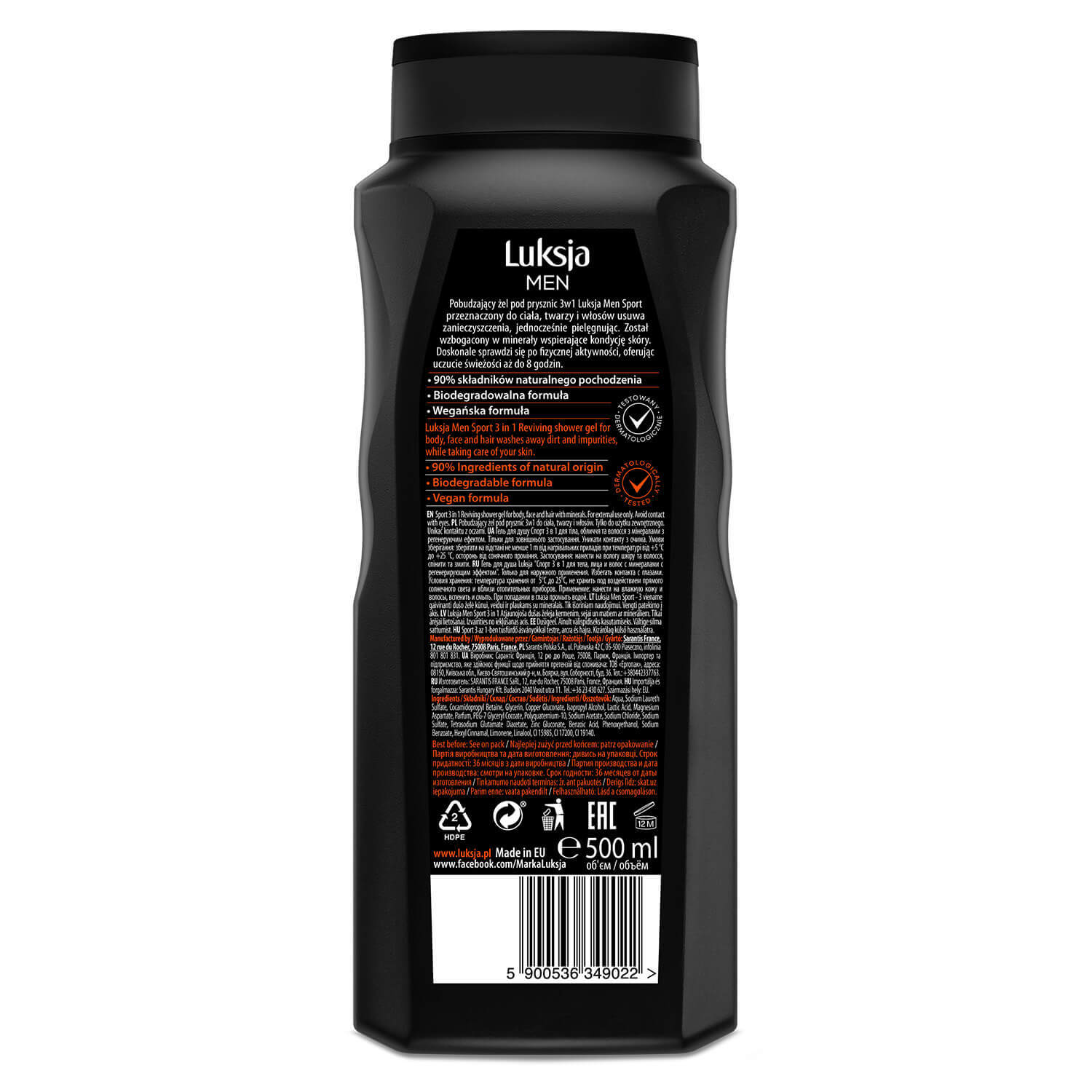 Luxja Men Sport, gel de duș stimulant 3 în 1, complex mineral, 500 ml