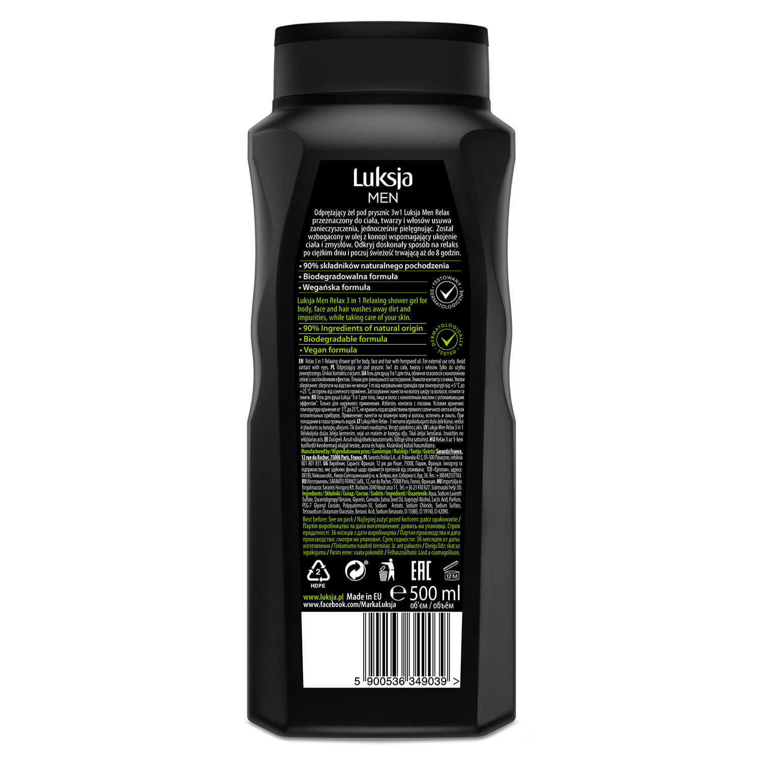 Luxja Men Relax, gel de duș relaxant 3 în 1, ulei de cânepă, 500 ml