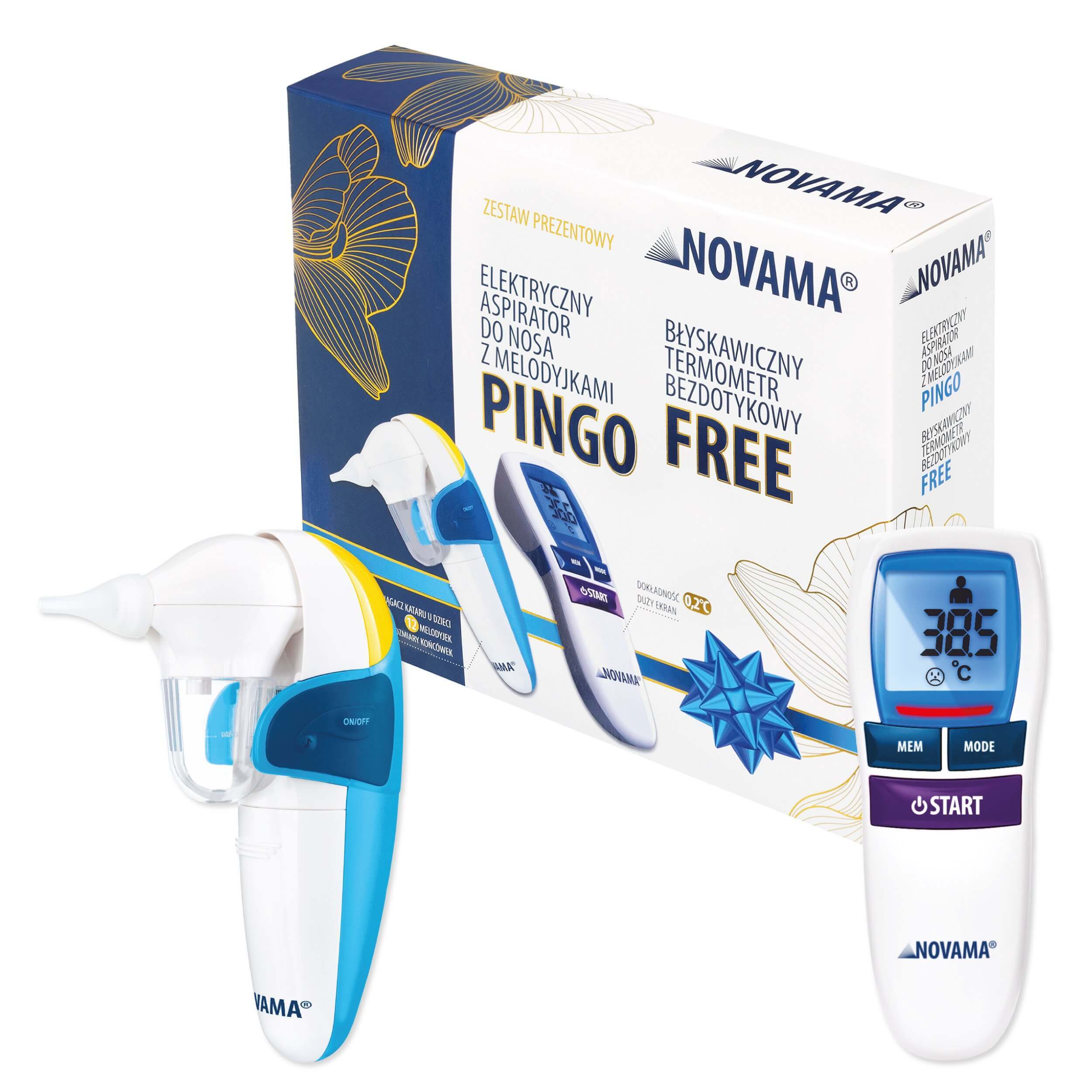 Novama Kids Pingo set, aspirator nazal electric cu melodii + NT17 gratuit, termometru fără contact, alb Frost