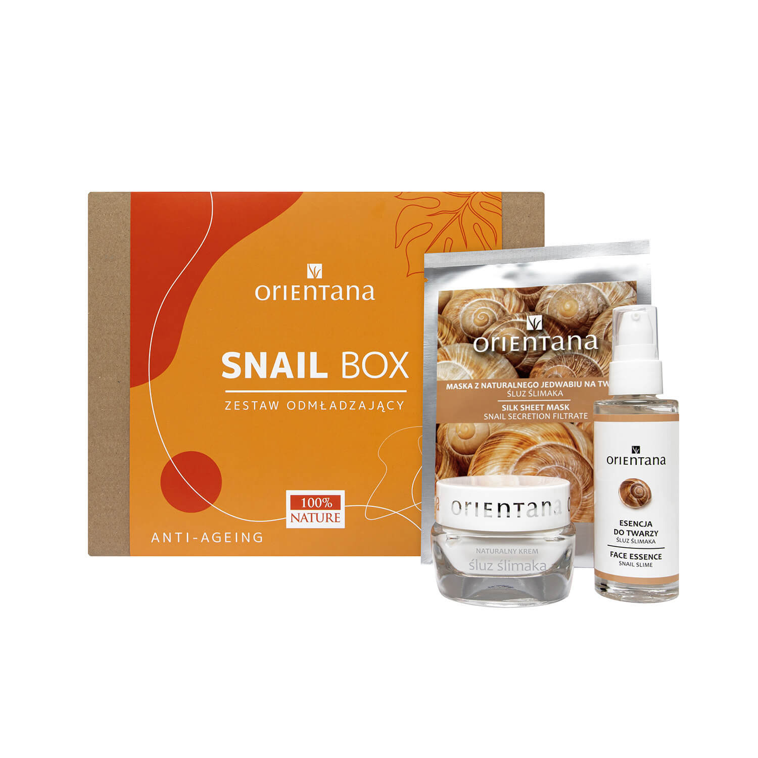 Orientana Snail Box set, cremă de față, 50 ml + esență de față, 50 ml + mască de față, 1 buc