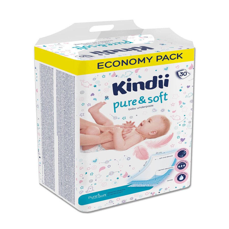 Kindii Pure &amp; Soft, absorbante de unică folosință pentru copii, 60 cm x 40 cm, 30 bucăți