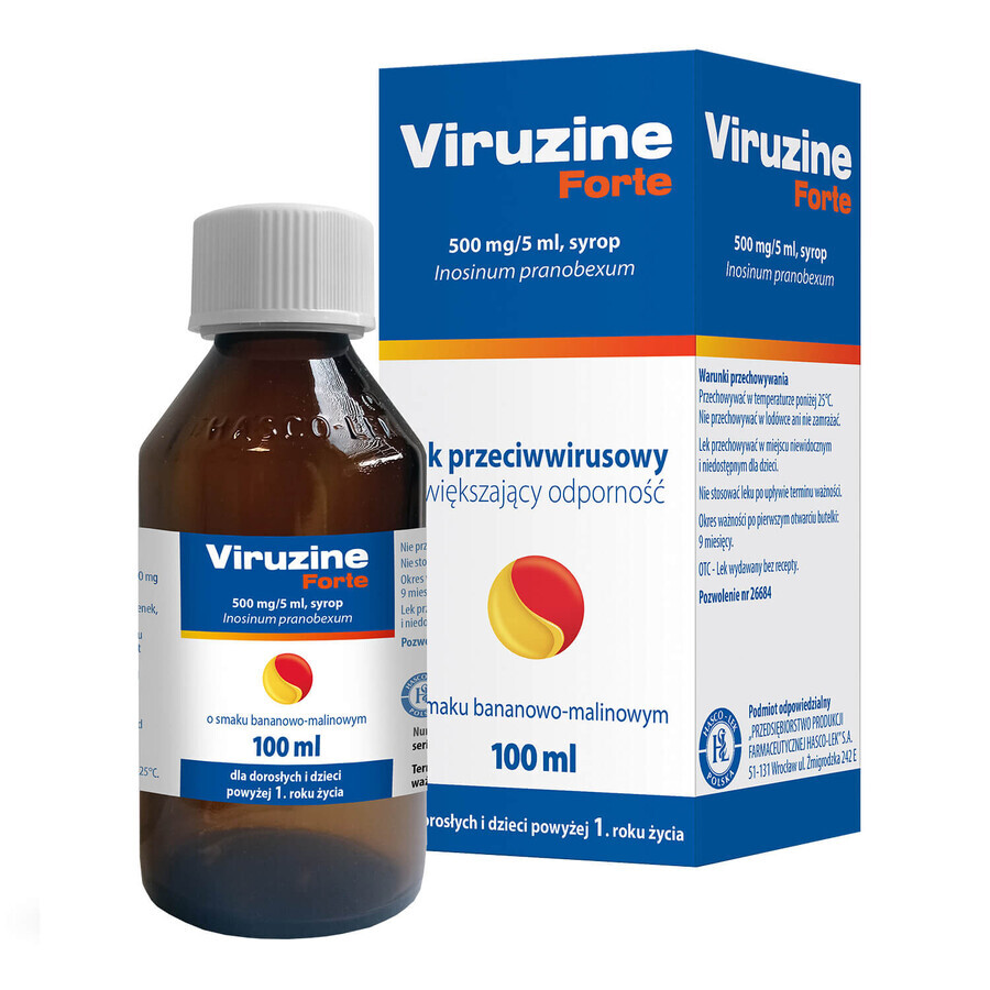 Viruzine Forte 500 mg/ 5 ml, sirop pentru adulți și copii peste 1 an, aromă de banane și zmeură, 100 ml