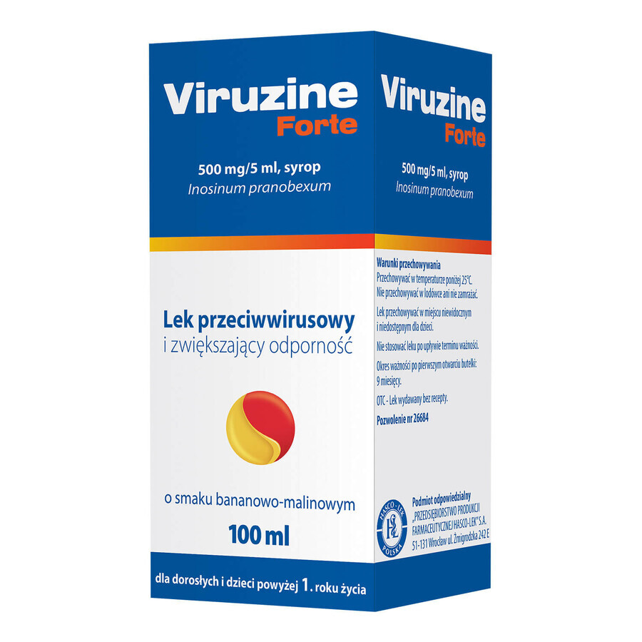 Viruzine Forte 500 mg/ 5 ml, sirop pentru adulți și copii peste 1 an, aromă de banane și zmeură, 100 ml