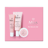 Miya My Beauty Set, myLIPscrub, exfoliant natural pentru buze, 10 g + myLIPbalm, balsam de buze cu hidratare intensă, 15 g + myBEAUTYbase, bază de machiaj naturală, 30 ml