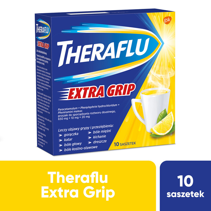 Theraflu Extra Grip 650 mg + 10 mg + 20 mg, poeder voor orale oplossing, 10 sachets