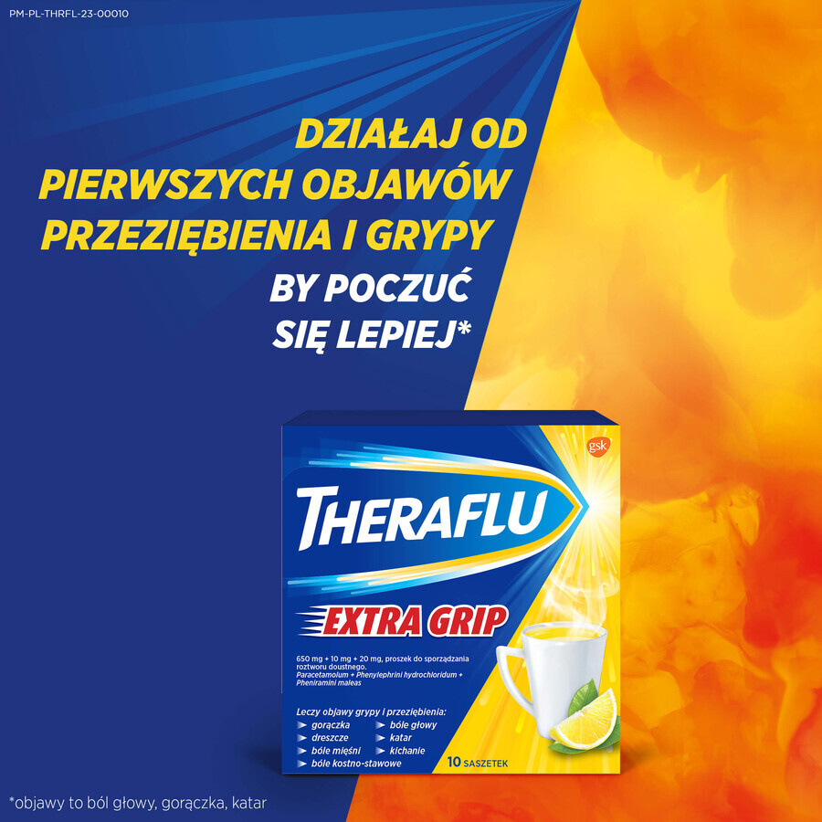 Theraflu Extra Grip 650 mg + 10 mg + 20 mg, poeder voor orale oplossing, 10 sachets