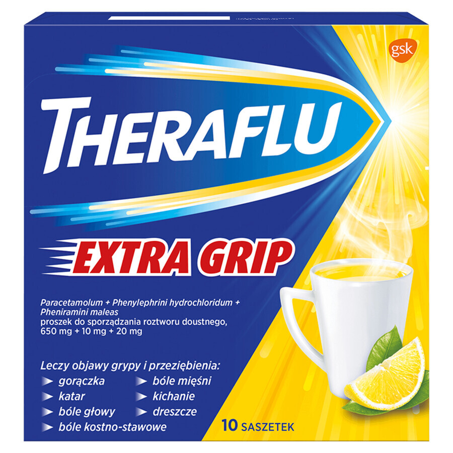 Theraflu Extra Grip 650 mg + 10 mg + 20 mg, poeder voor orale oplossing, 10 sachets