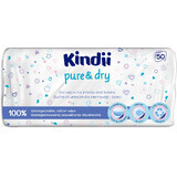 Kindii Pure&amp;Dry, șervețele uscate pentru bebeluși și copii, biodegradabile, 50 bucăți