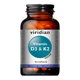 Viridian Vitamin D3 + K2 Vegan, vitamine D 1000 IU + vitamine K 45 µg, 90 gélules