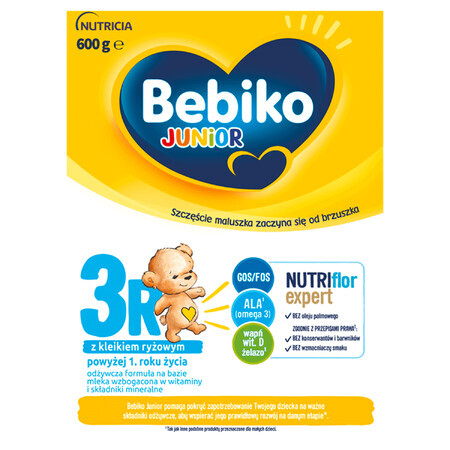 Bebiko Junior 3R Nutriflor Expert, formulă nutritivă pe bază de lapte cu terci de orez, peste 1 an, 600 g