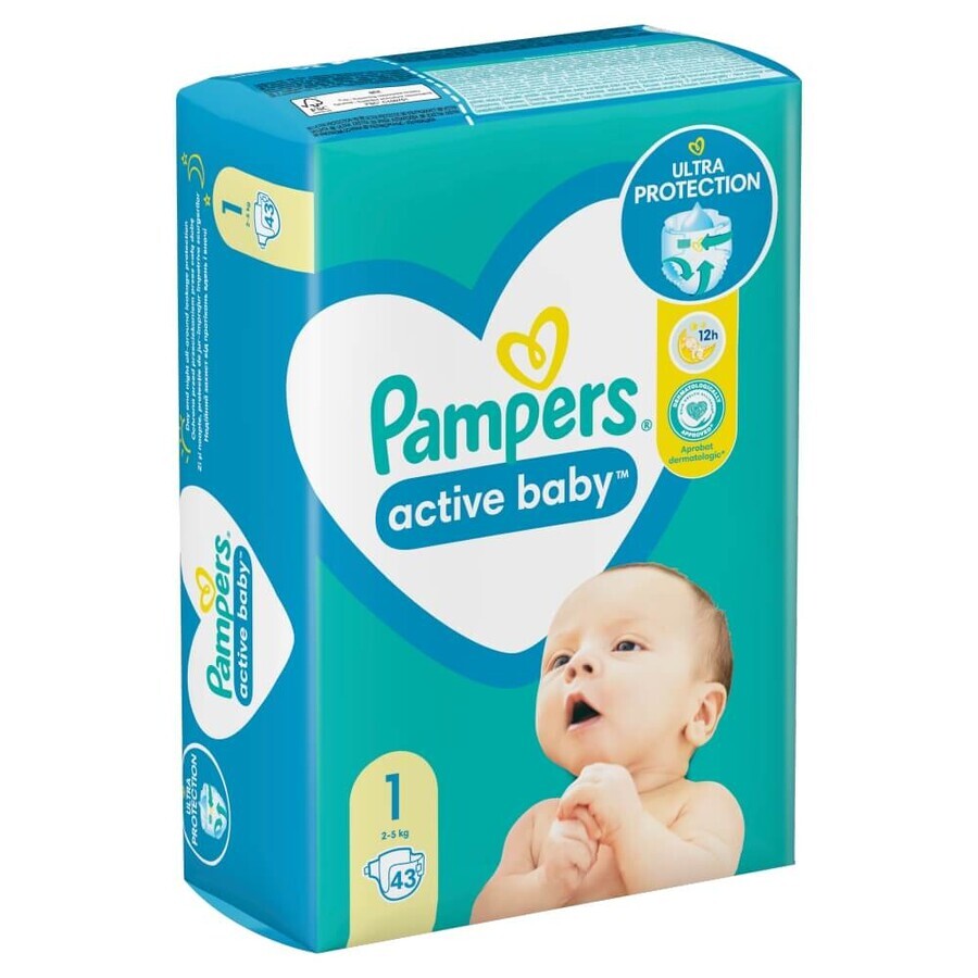 Pampers Active Baby, scutece, mărimea 1, 2-5 kg, 43 buc