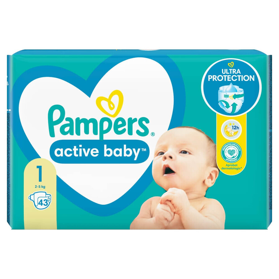 Pampers Active Baby, scutece, mărimea 1, 2-5 kg, 43 buc