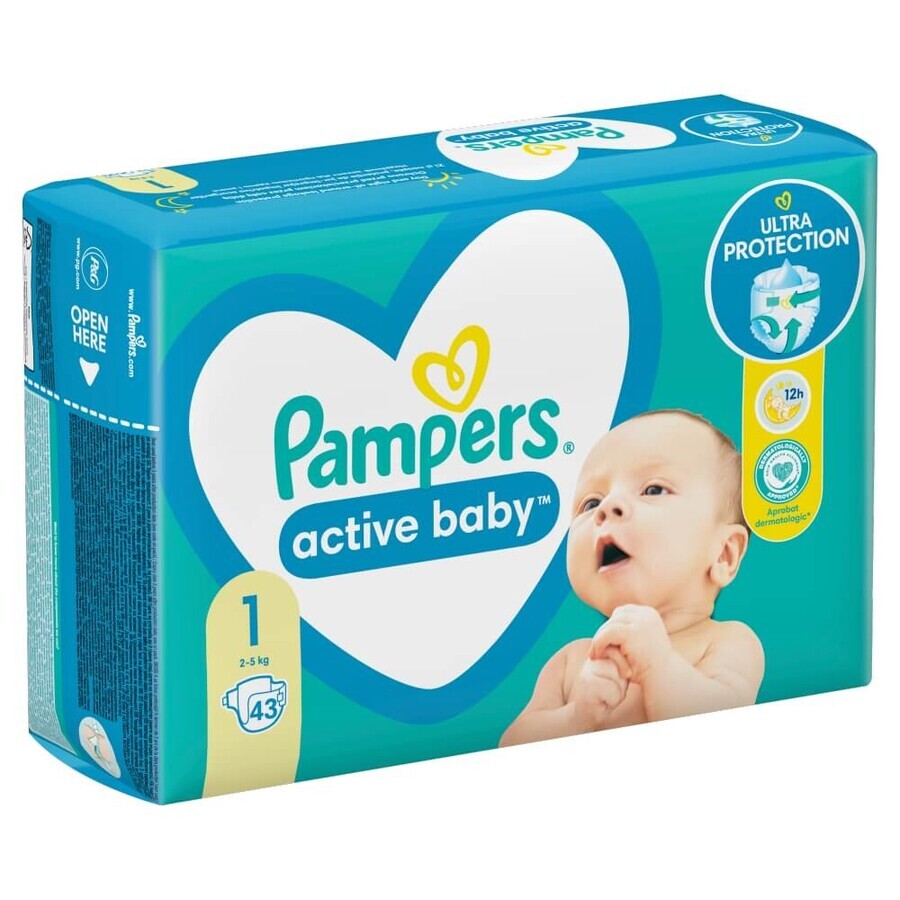 Pampers Active Baby, scutece, mărimea 1, 2-5 kg, 43 buc