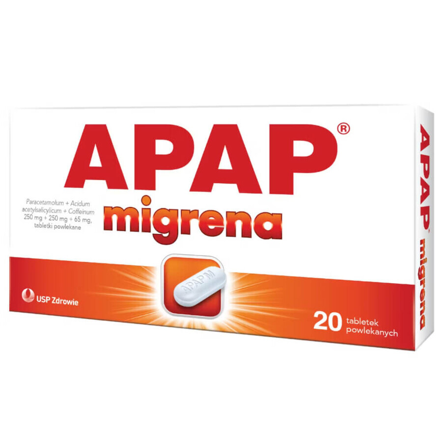 Apap Migrenă 250 mg + 250 mg + 65 mg, 20 comprimate filmate