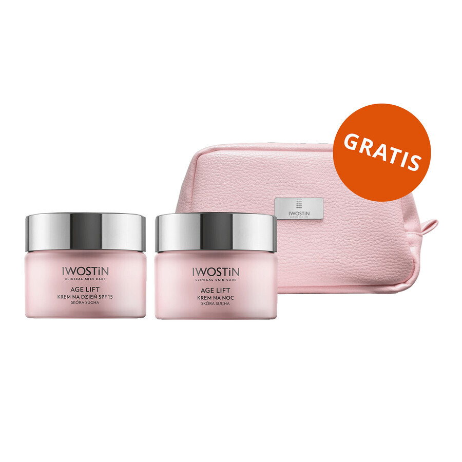 Iwostin Age Lift set, dagcrème, droge huid, SPF 15, 50 ml + Iwostin Age Lift, nachtcrème, droge huid, 50 ml + gratis cosmetisch tasje