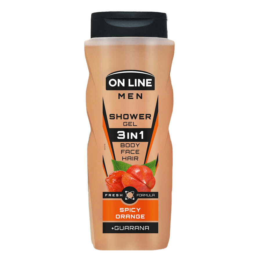 On Line Men, gel de ducha para hombre 3en1, Naranja Picante, 410 ml