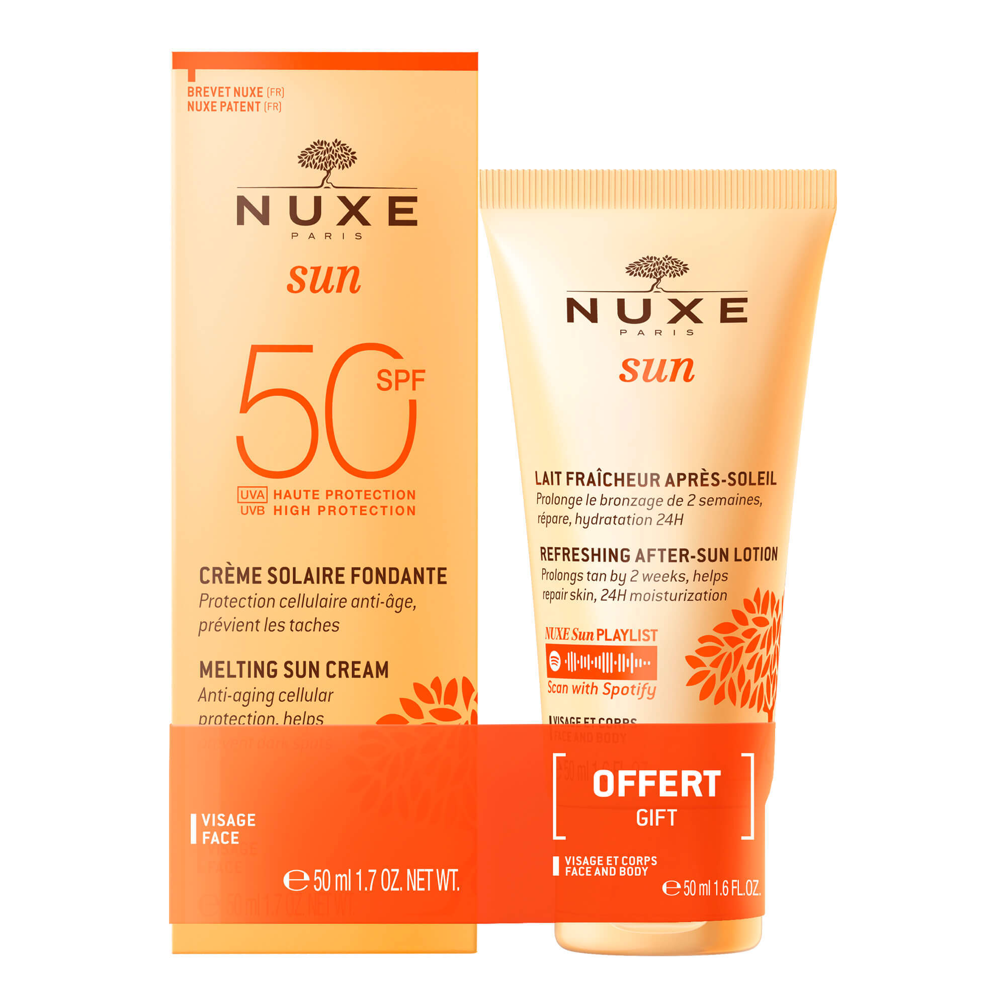 Nuxe Sun, cremă de față, SPF 50, piele normală și mixtă, 50 ml + loțiune după plajă, 50 ml gratis