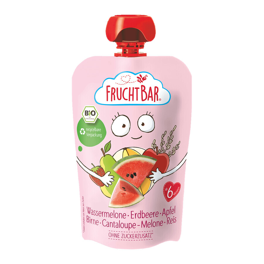 Fruchtbar Bio mousse de fruits avec grains en tube, pastèque, fraise, pomme, poire, melon, riz, après 6 mois, 100 g