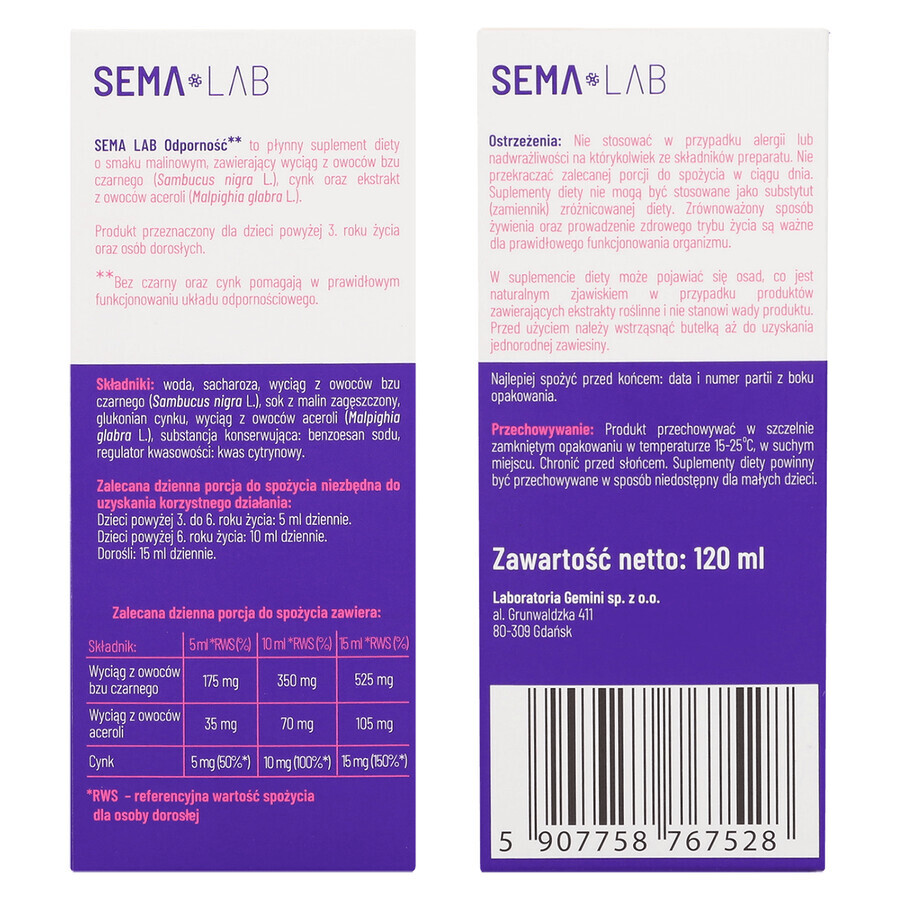 SEMA Lab Immunity, sciroppo per bambini a partire da 3 anni e adulti, gusto lampone 