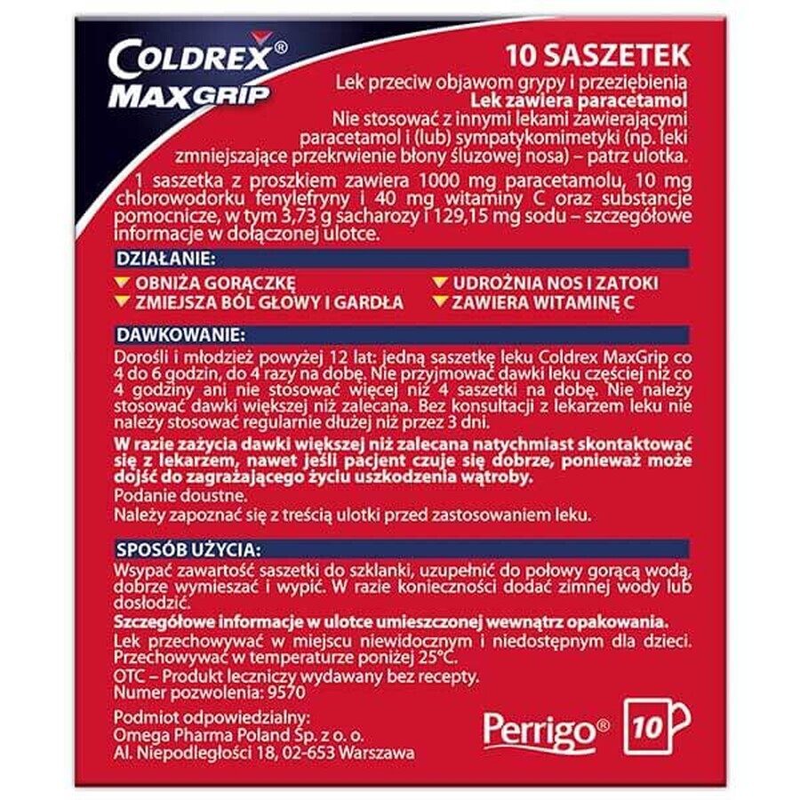 Coldrex MaxGrip 1000 mg + 10 mg + 40 mg, aromă de lămâie, 10 pliculețe