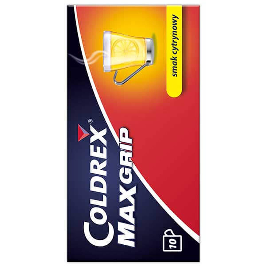 Coldrex MaxGrip 1000 mg + 10 mg + 40 mg, aromă de lămâie, 10 pliculețe