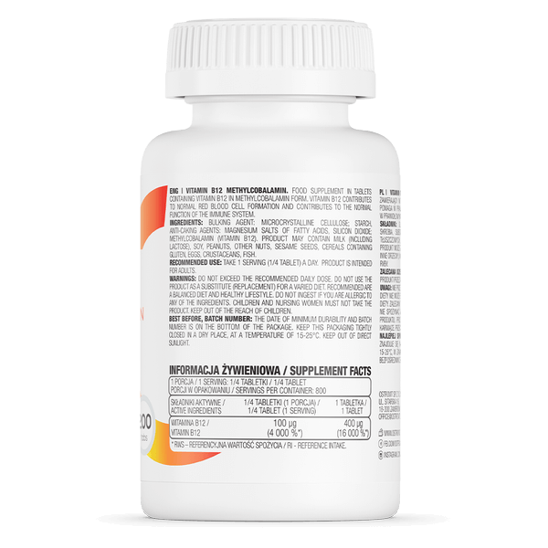 OstroVit Vitamina B12 Metilcobalamină, vitamina B12 400 µg, 200 comprimate