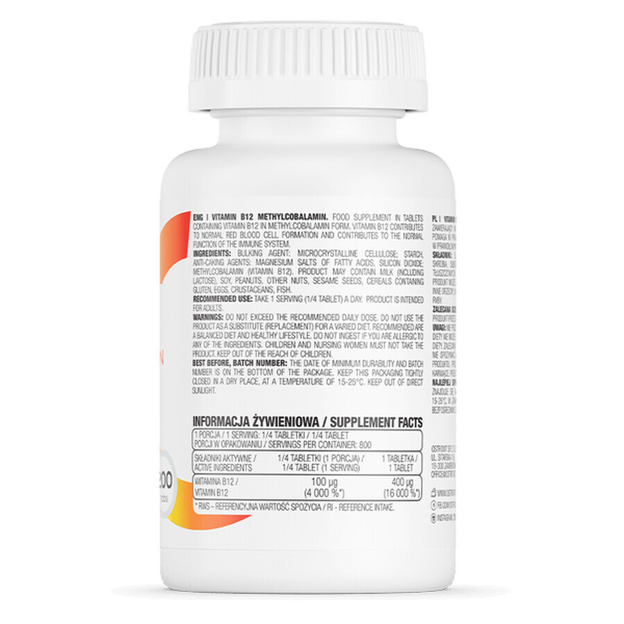 OstroVit Vitamina B12 Metilcobalamină, vitamina B12 400 µg, 200 comprimate