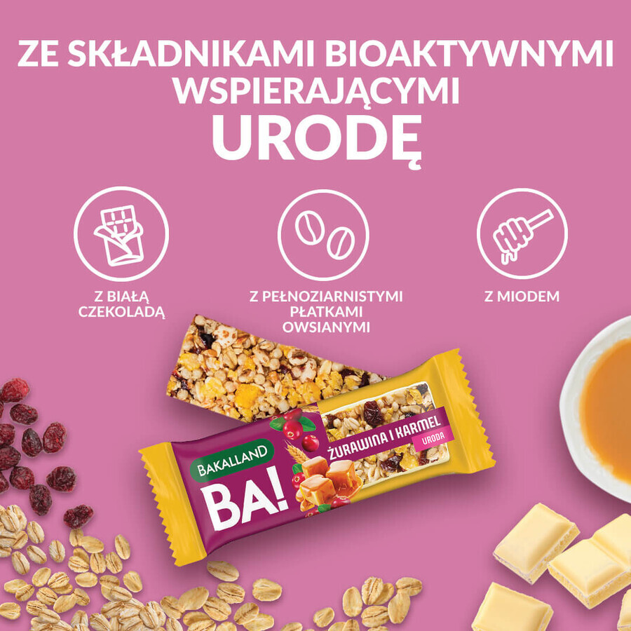 Bakalland BA! Bara de cereale, afine și caramel, frumusețe, 38 g