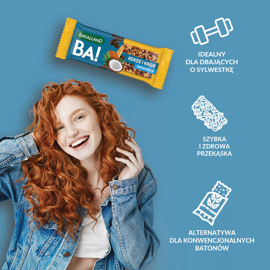 Bakalland BA! Batoane de cereale, nucă de cocos și cafea, concentrare, 35 g