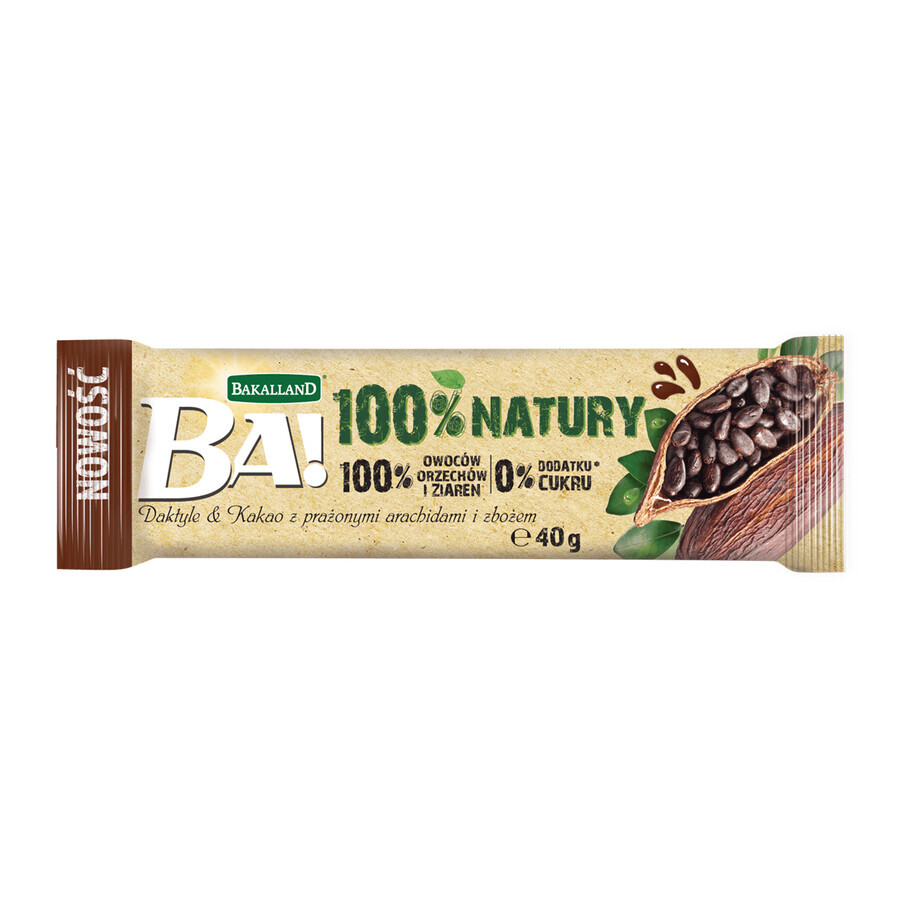 Bakalland BA! 100% Nature Fruit Bar, curmale și cacao cu arahide prăjite și cereale, fără zahăr adăugat, 40 g