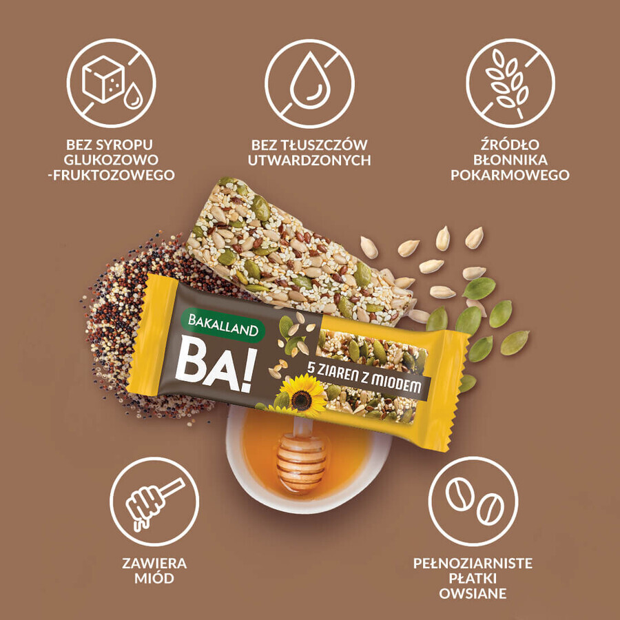 Bakalland BA! Baton de cereale, 5 boabe cu miere, 40 g